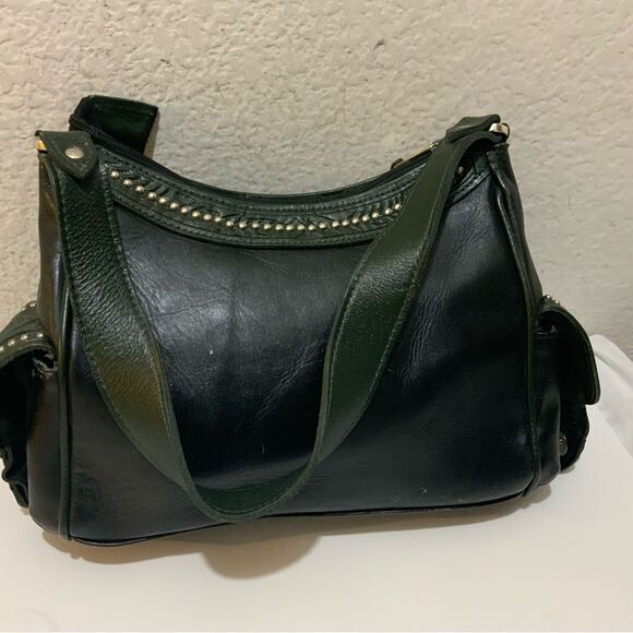 American West Black Hair-On Cowtown Green Tooled Leather Zip-Top Shoulder Bag - Picture 5 of 15